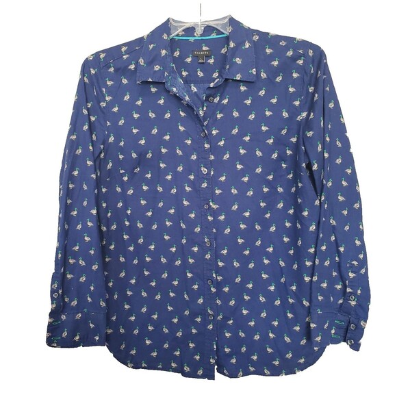 Talbots 100% Cotton Blue Mallard Duck Novelty Print Button-Up Shirt Size Large - Picture 1 of 5